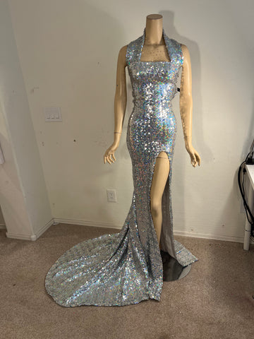 1x/2x Stretch Full length Silver Hologram Sequin Dress