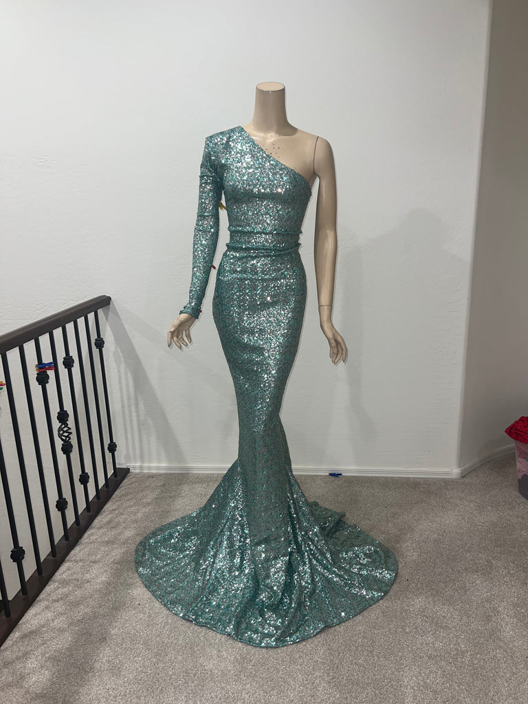L/XL Ready to ship Stretch Aqua sequin full length dress