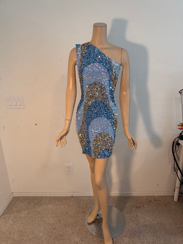 L/XL Ready to ship 1 Shoulder Stretch Blue Gold Sequin Cocktail Dress
