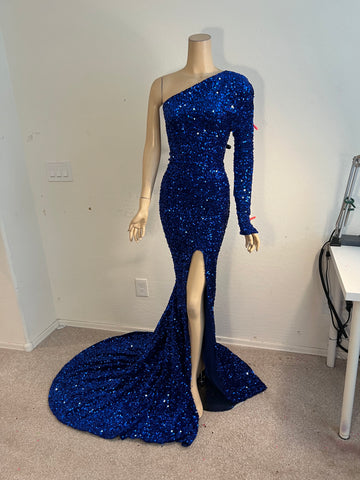 1x/2x Ready to ship Full Length Stretch Royal Blue sequin 1 Shoulder gown