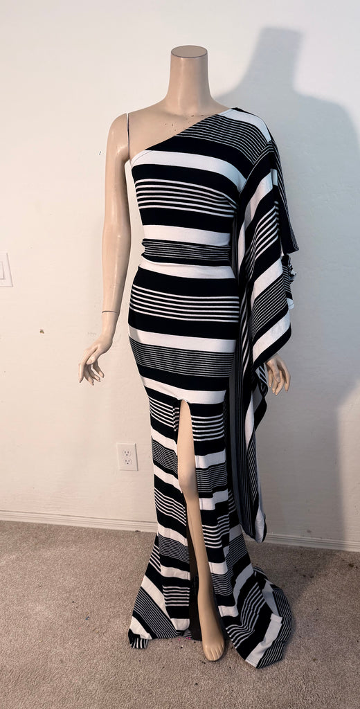 1x/2x Ready to ship 1 Shoulder Stretch Black White Print Dress