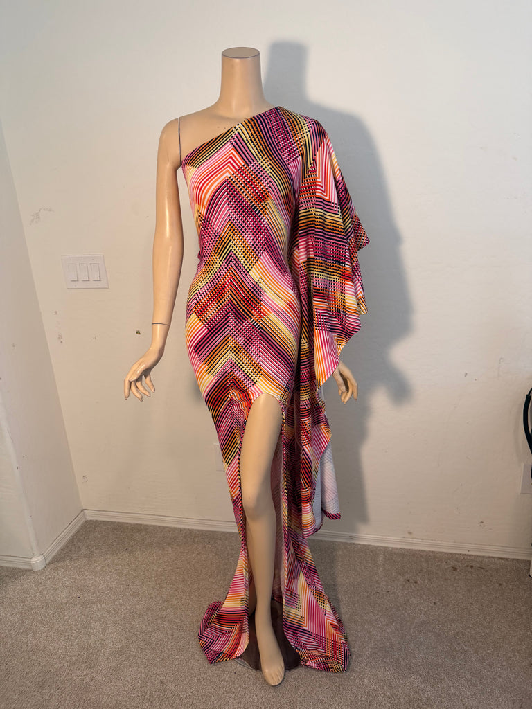 1x/2x Ready to ship Full length 1 Shoulder Stretch Print Dress