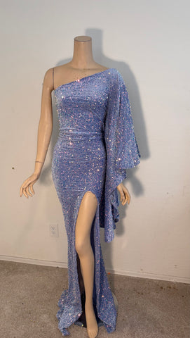 L/XL Ready to ship Stretch Lilac Lavendar sequin 1 shoulder Full length dress