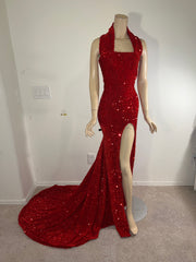 L/XL Ready to ship Full Length Stretch Red sequin gown