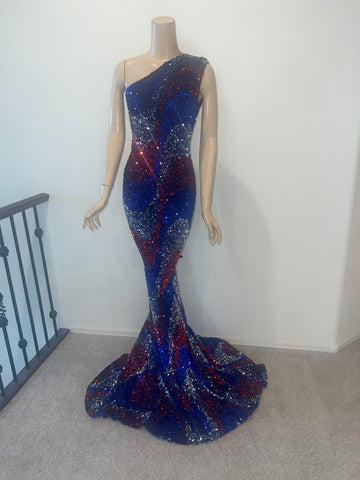 L/XL Ready to ship Stretch Red Silver Blue sequin full length dress