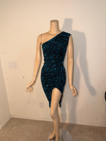 L/XL Ready to ship 1 Shoulder Stretch Black Aqua Sequin Cocktail Dress