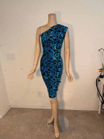 1x/2x Ready to ship 1 Shoulder Stretch Black Aqua Sequin Cocktail Dress