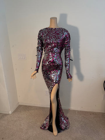 3x/4x Stretch Pink and Silver sequin full length Dress
