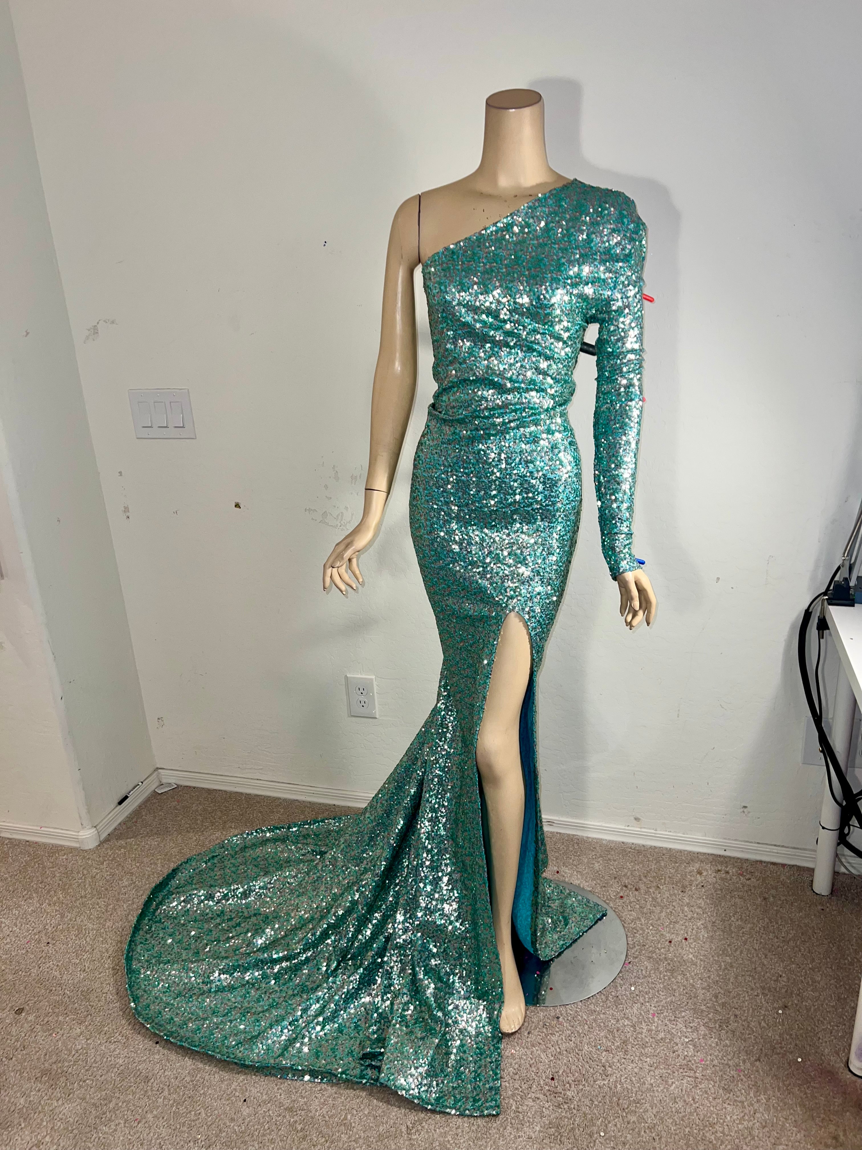 One Shoulder Aqua Sequin Dress XL 1X Ready To Ship Stretch Aqua