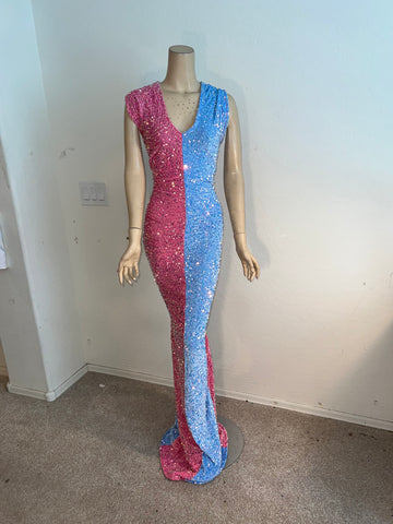 L/XL Ready to ship Full length Stretch Color Block Blue Pink sequin dress