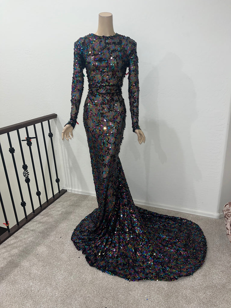 L/XL Ready to ship Full length Stretch Rainbow Black sequin dress