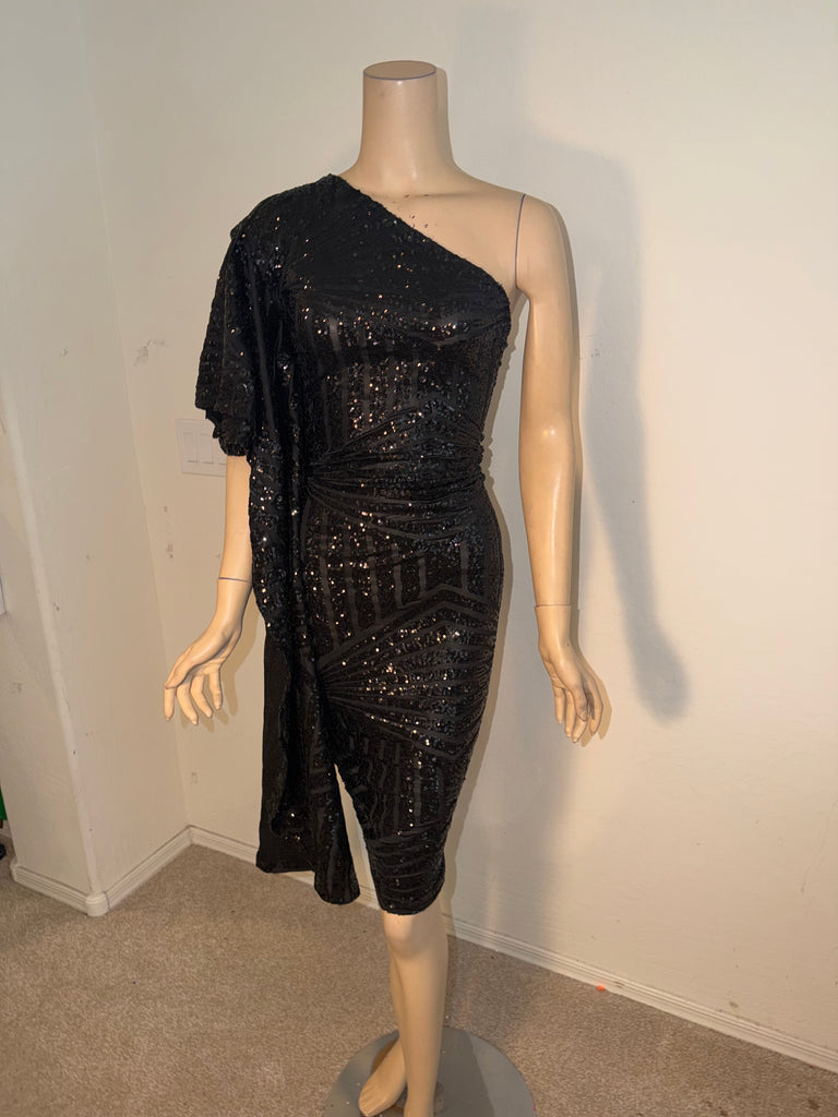 1x/2x Ready to ship Cocktail length Stretch Black Sequin Dress