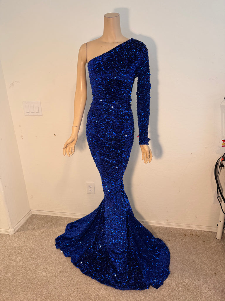 L/XL Ready to ship Full length 1 Shoulder Stretch Blue Sequin Dress