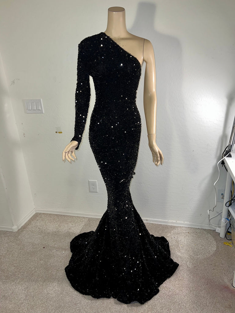 Custom order Stretch Black sequin 1 Shoulder Full Length dress