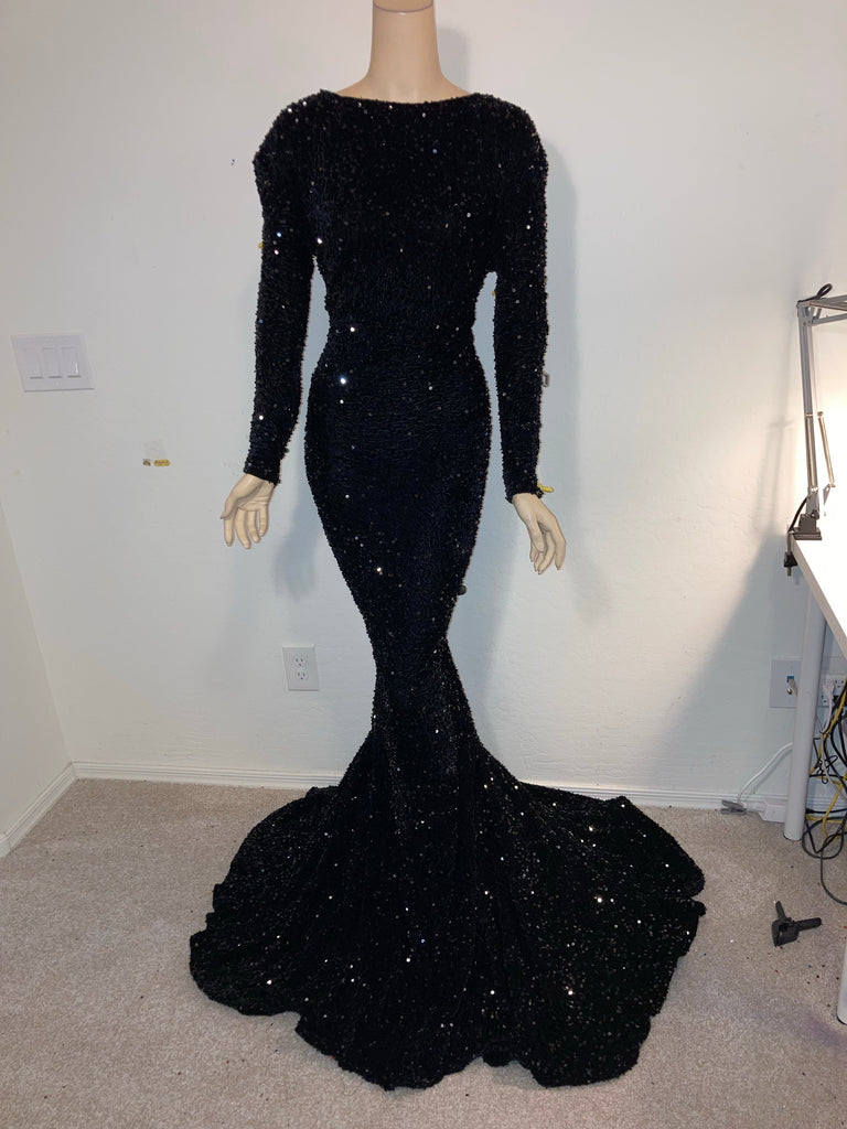 Custom order Stretch Black sequin Full Length dress